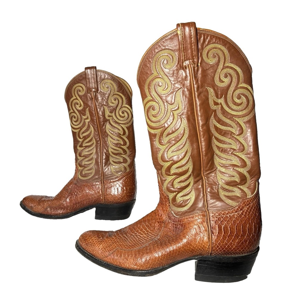 VTG Tony Lama Brown Western Cowboy Boots Exotic Snake Skin Python Mens Size 10D